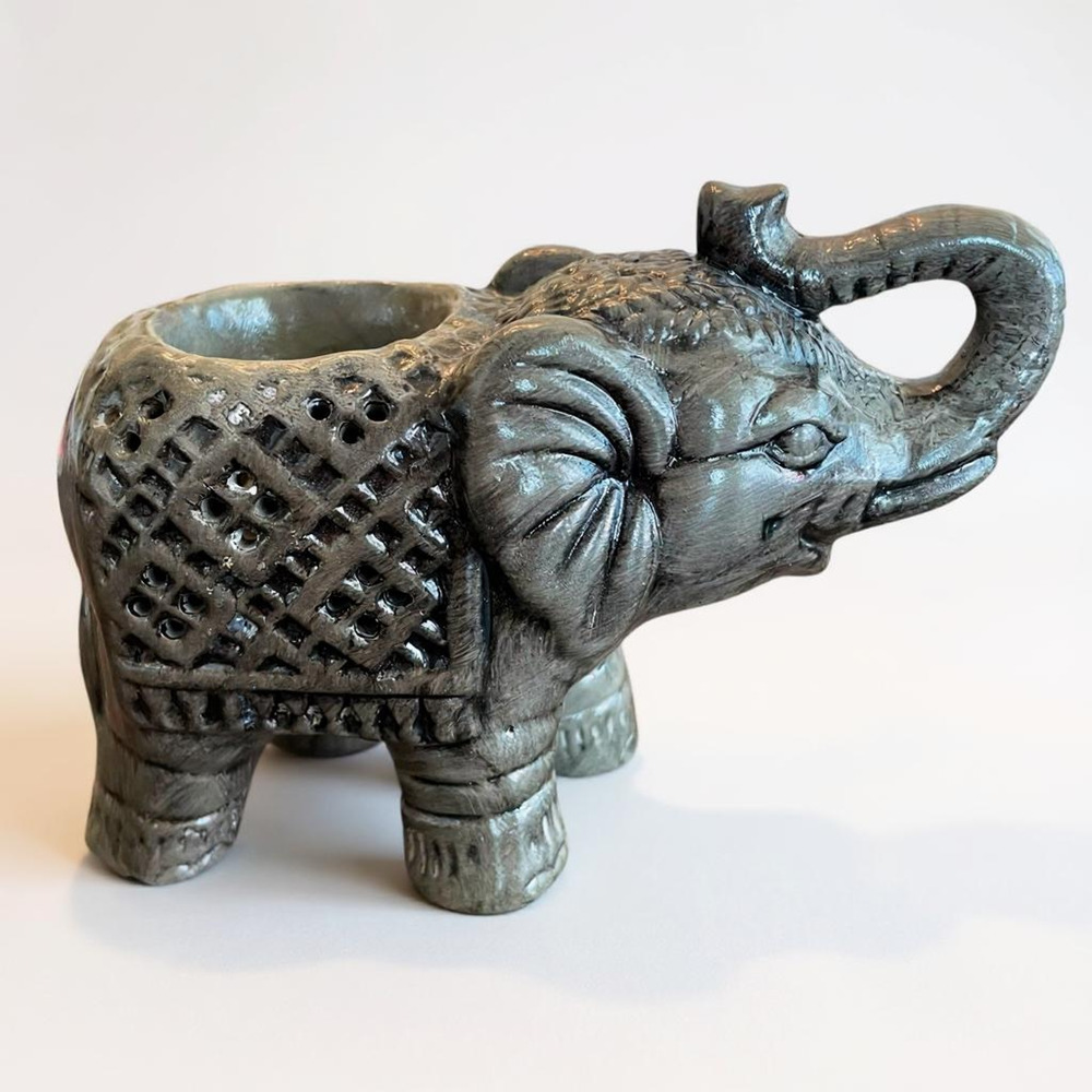 Elephant Tea Light Holder Trunk Up Ceramic Grey Boho Eclectic
